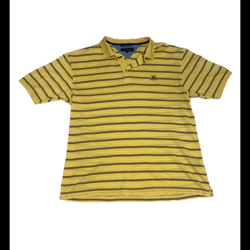 Tommy Hilfiger Golf Mens Polo Shirt Yellow/Stripe Large Cotton Vintage Collar
